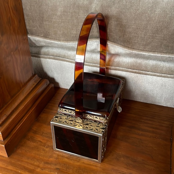 1950s Tyrolean Tortoise Striped Lucite Decorative Metal Encased Box Style Purse - Picture 7 of 13